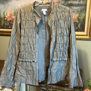 Chico's Metallic Green Gold Pleated Ruched Crinkle Open Front Jacket